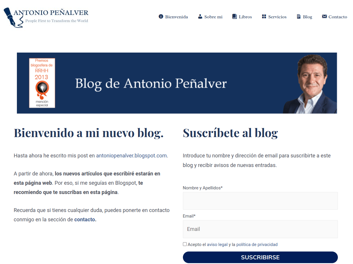 Captura de landing de suscripción para el nuevo blog