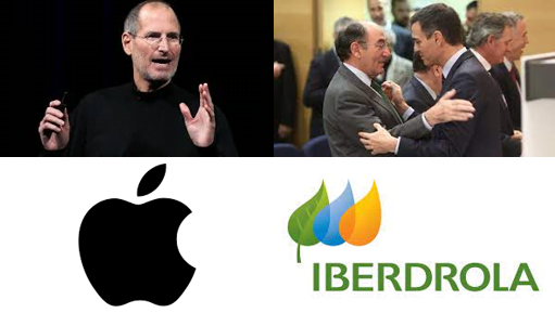 Foto Steve Jobs sobre el logotipo de Apple y foto de Ignacio Sánchez Galán sobre el logo de Iberdrola
