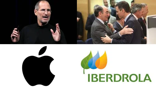 Foto Steve Jobs sobre el logotipo de Apple y foto de Ignacio Sánchez Galán sobre el logo de Iberdrola